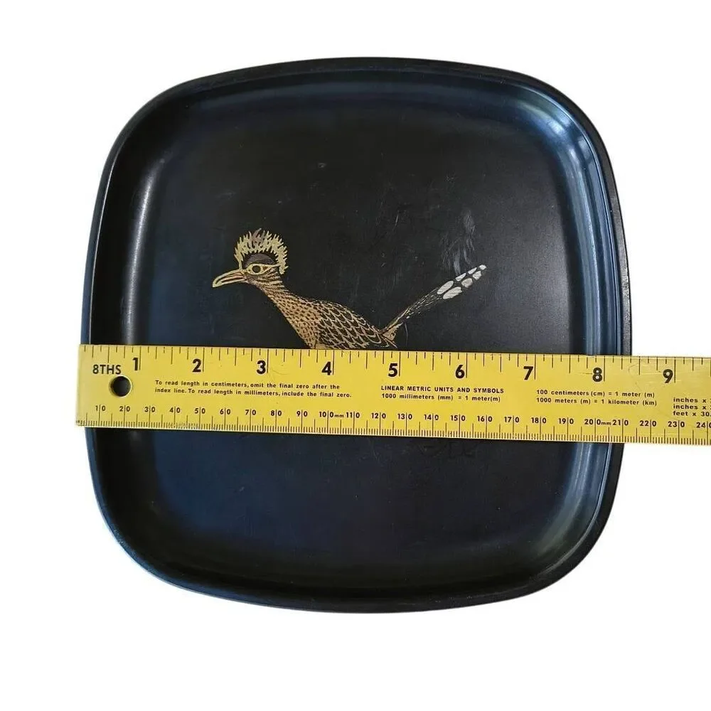 COUROC  tray Monterey CA Mid Century ROADRUNNER Inlaid Black Lacquer w/label 8 3